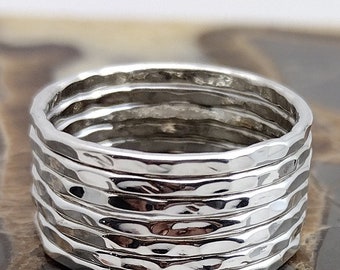 Silver Stacking Ring - Hammered Sterling Silver 7 Band Set