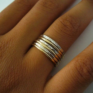 Stack Ring Set of 6 Smooth Gold Band Hammered Silver Band Stacking Ring Set Mix Sizes in Your Set for Midi Rings Stackable Thumb Ring Set image 2