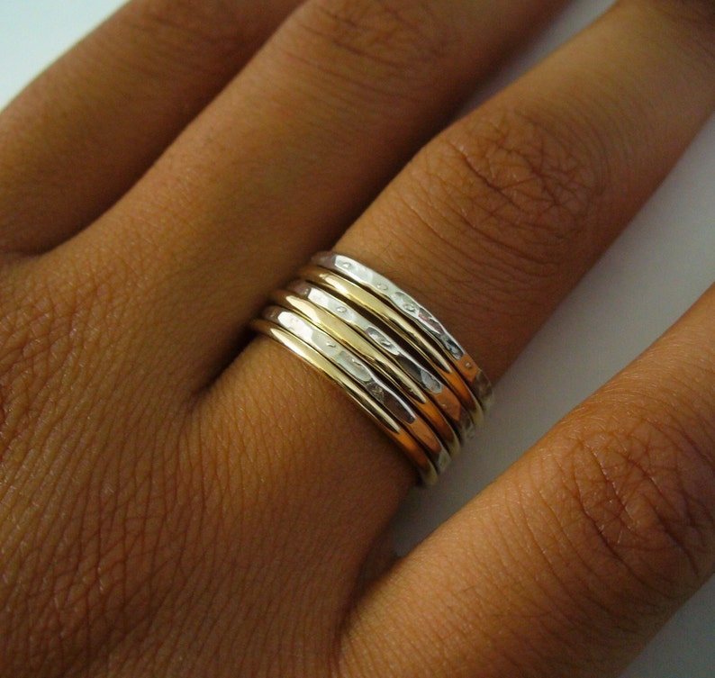 Stack Ring Set of 6 Smooth Gold Band Hammered Silver Band Stacking Ring Set Mix Sizes in Your Set for Midi Rings Stackable Thumb Ring Set image 2