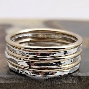 Stack Ring Set of 6 Polished Gold Band Hammered Silver Band Stacking Ring Set Mix Sizes in Your Set for Midi Rings Stackable Thumb Ring Set