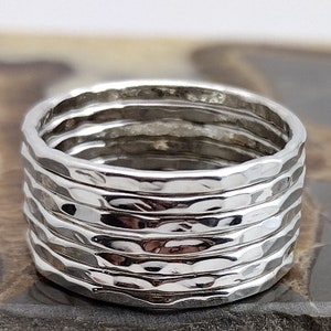 Silver Stacking Ring - Hammered Sterling Silver 7 Band Set