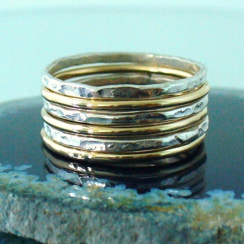 Stack Ring Set of 6 Smooth Gold Band Hammered Silver Band - Etsy