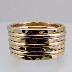 Gold Band Ring Stack Hammered and Polished Mixed 7 Band Gold Stacking Ring Set image 5