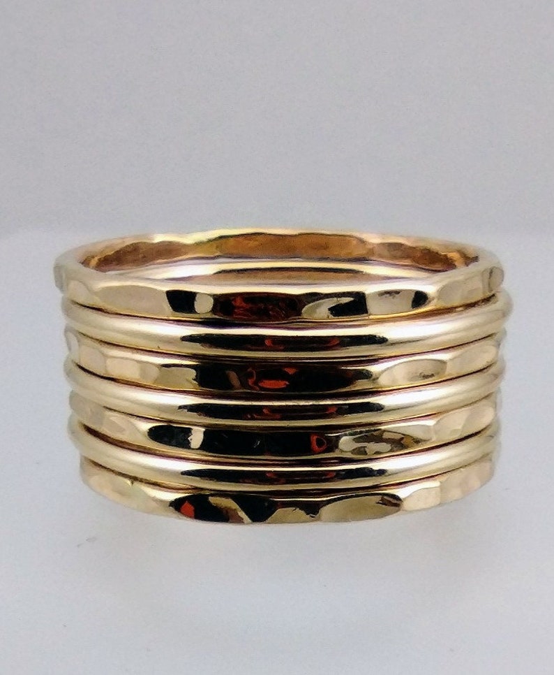 Gold Band Ring Stack Hammered and Polished Mixed 7 Band Gold Stacking Ring Set image 5