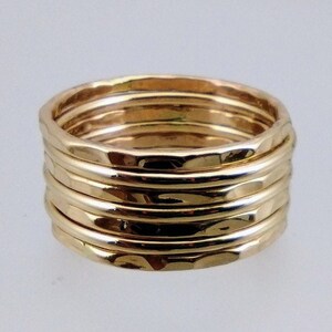 Gold Band Ring Stack Hammered and Polished Mixed 7 Band Gold Stacking Ring Set image 8