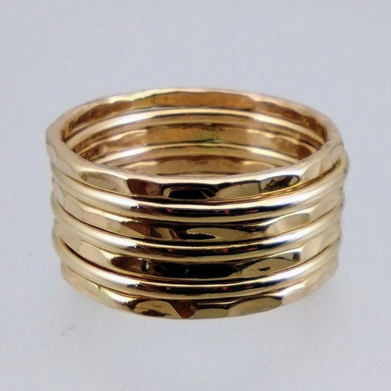 Gold Band Ring Stack Hammered and Polished Mixed 7 Band Gold Stacking Ring Set image 8