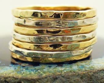 Two Tone Ring Gold and Silver Ring Set Stacking Ring Set Minimalist Rings Hammered Stacking Rings Mixed Metal Rings Set Stackable Gold Rings