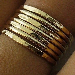 Gold Band Ring Stack Hammered and Polished Mixed 7 Band Gold Stacking Ring Set image 6