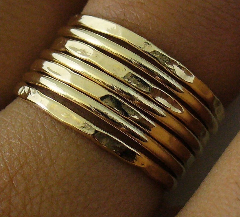 Gold Band Ring Stack Hammered and Polished Mixed 7 Band Gold Stacking Ring Set image 6