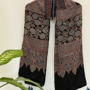 Handcrafted Black Ajrakh Print Dupatta with Blue Tassels – Cotton-Silk Blend