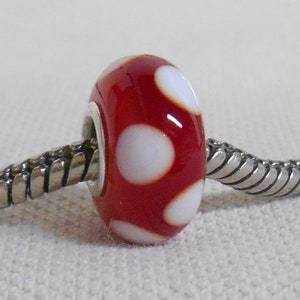 Handmade Lampwork Bead European Charm Bead Red with White Dots Silver Cored