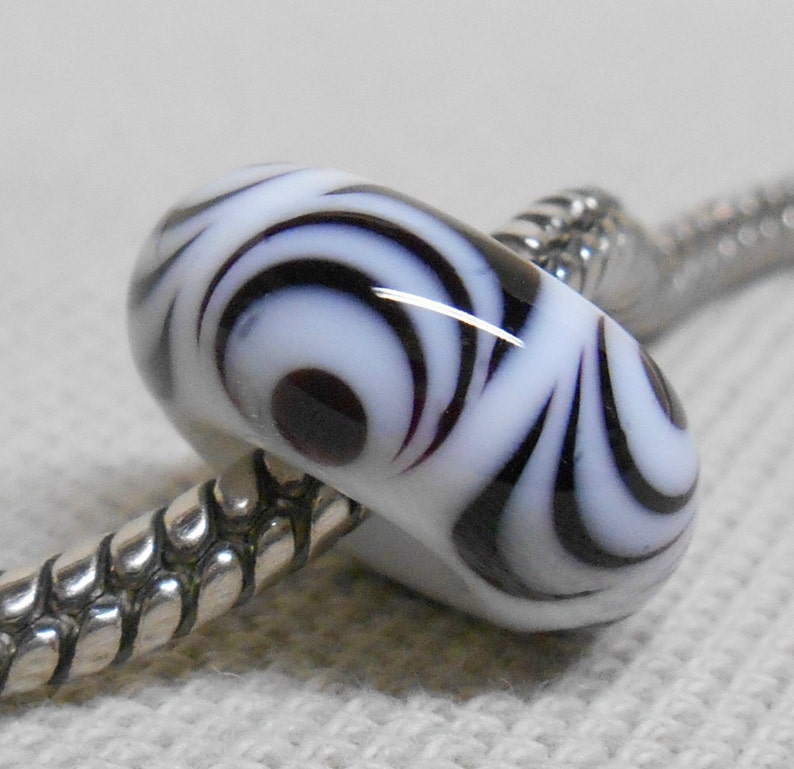 White and Black Handmade Lampwork Bead Large Hole European Charm Bead White with Black Design image 1