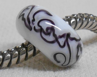 Large Hole European Style White with Black Squiggles Glass Lampwork Bead