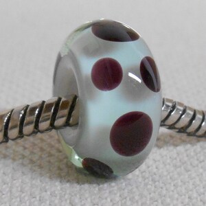 Handmade Lampwork European Charm Bead Transparent Pale Green over White, Black Dots