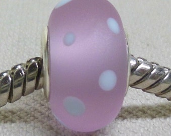 Large Hole Lampwork Bead Silver Cored European Charm Bead Etched Lavender with Light Blue Snow Dots