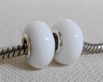 Solid White Lampwork Bead Pair Silver Cored Bead European Style Bead