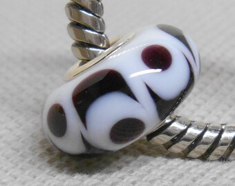 White with Black Handmade Lampwork Bead Silver Cored Bead Fits Most European Style Charm Bracelets