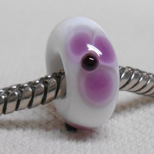 Handmade Lampwork European Style Charm Bead White with Purple Flowers