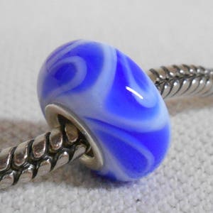 Glass Large Hole Lampwork Bead European Charm Bracelet Bead White with Blue Design Silver Cored Bead