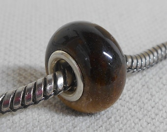 European Style Large Hole Charm Bead Tiger Eye Stone Bead Silver Cored