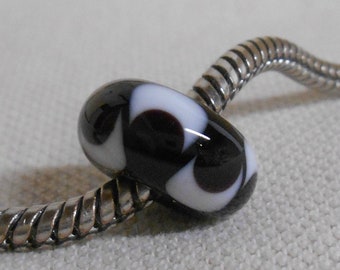 European Style Large Hole Handmade Lampwork Bead Black with White Scroll Design