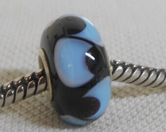 SRA Handmade Lampwork Bead Silver Cored Bead Black with Light Blue Design