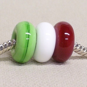 Handmade Glass Lampwork Charm Beads Set of 3 Christmas Colors Red Green and White