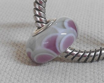 Glass Large Hole Lampwork Bead European Charm Bracelet Bead Light Gray and Purple Scales Silver Cored Bead