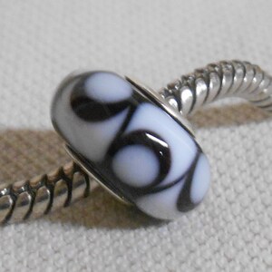 Glass Large Hole Lampwork Bead Silver Cored Large Hole European Charm Bead Black with White Design