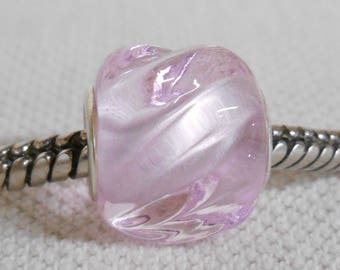 Handmade Lampwork Bead, Silver Cored European Charm Bead Transparent Pink Textured Cylinder Bead