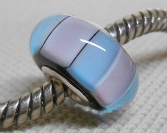 Large Hole Glass Lampwork Bead European Charm Bead Black with Pink and Blue Stripes Silver Cored