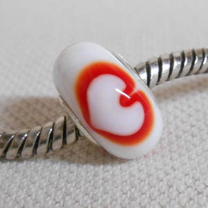Handmade Lampwork Bead European Charm Bead White with Red Hearts Silver Cored Perfect for Fantasy Necklace