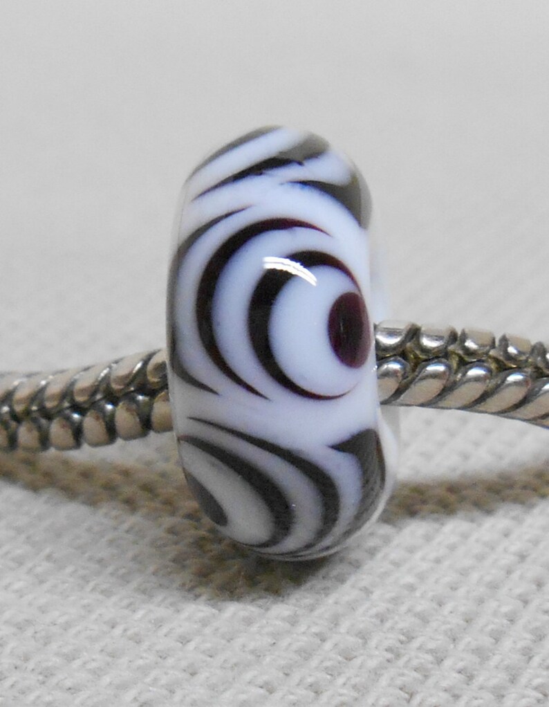 White and Black Handmade Lampwork Bead Large Hole European Charm Bead White with Black Design image 3