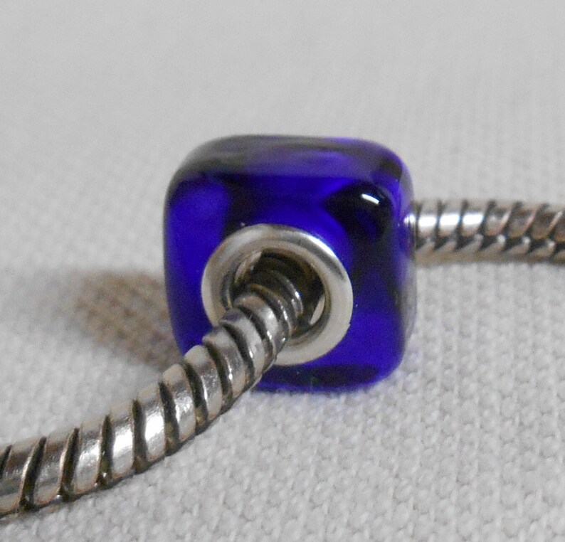 Square Cube Shaped Lampwork Bead Large Hole European Charm Bead Silver Cored Transparent Blue
