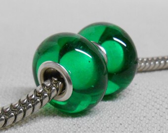 Green Transparent Lampwork Bead Pair Silver Cored Bead European Style Bead