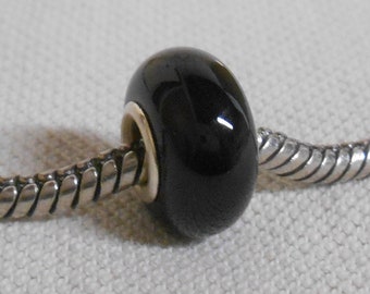 Solid Black Color Lampwork Bead Silver Cored Bead Fits European Charm Bracelets