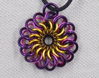 Chainmaille Chrysanthemum Pendant Pink, Purple, and Yellow Colors