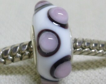 Handmade Lampwork Bead White with Black and Pink Dots