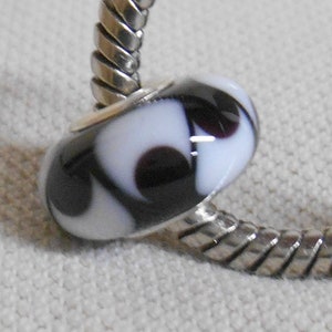 Glass Large Hole Lampwork Bead Silver Cored Large Hole European Charm Bead Black with White Design