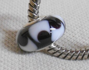 Lampwork Glass Charm Bead: Black & White Design, Sterling Silver Core