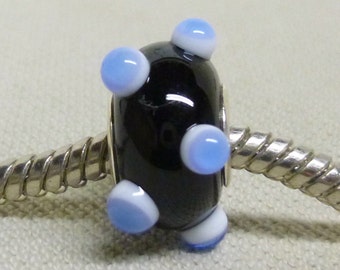 SRA Handmade Lampwork Bead Silver Cored Bead Black with White and Light Blue Raised Dots