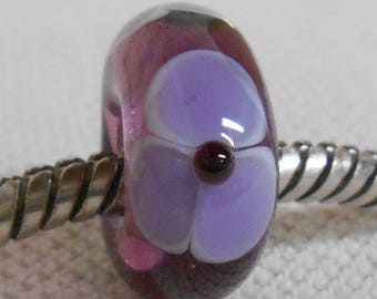 Handmade Lampwork European Charm Bead Transparent Purple with Purple Violet Flowers