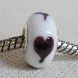 Handmade Lampwork Bead European Charm Bead White with Black Hearts Silver Cored
