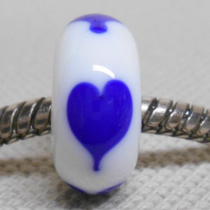 Glass Lampwork Bead Large Hole European Charm Bead White with Blue Hearts