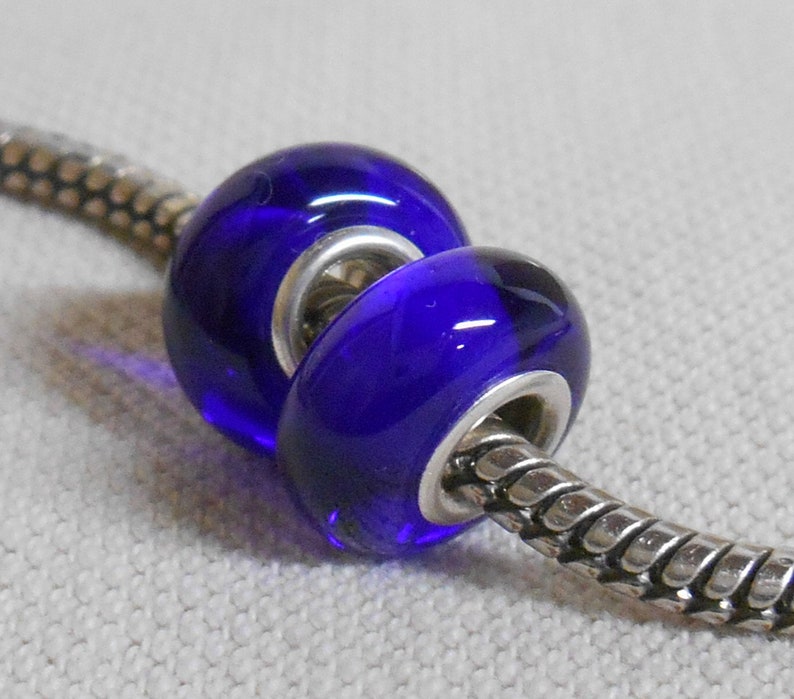 Transparent Cobalt Blue Lampwork Bead Pair Silver Cored Bead European Style Bead image 3