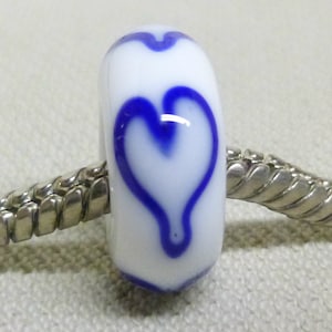 Glass Lampwork Bead Large Hole European Charm Bead White with Blue Hearts