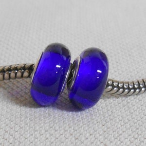 Transparent Cobalt Blue Lampwork Bead Pair Silver Cored Bead European Style Bead image 1