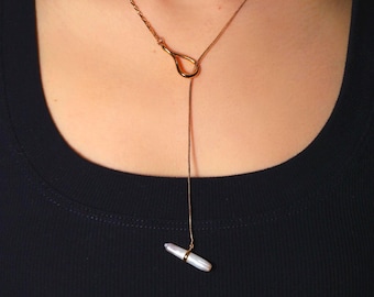 Adjustable Gold Lariat Pearl Necklace, Y Drop Necklace, Convertible Baroque Pearl Necklace, Minimalist Statement Jewellery, Jewelry Gift