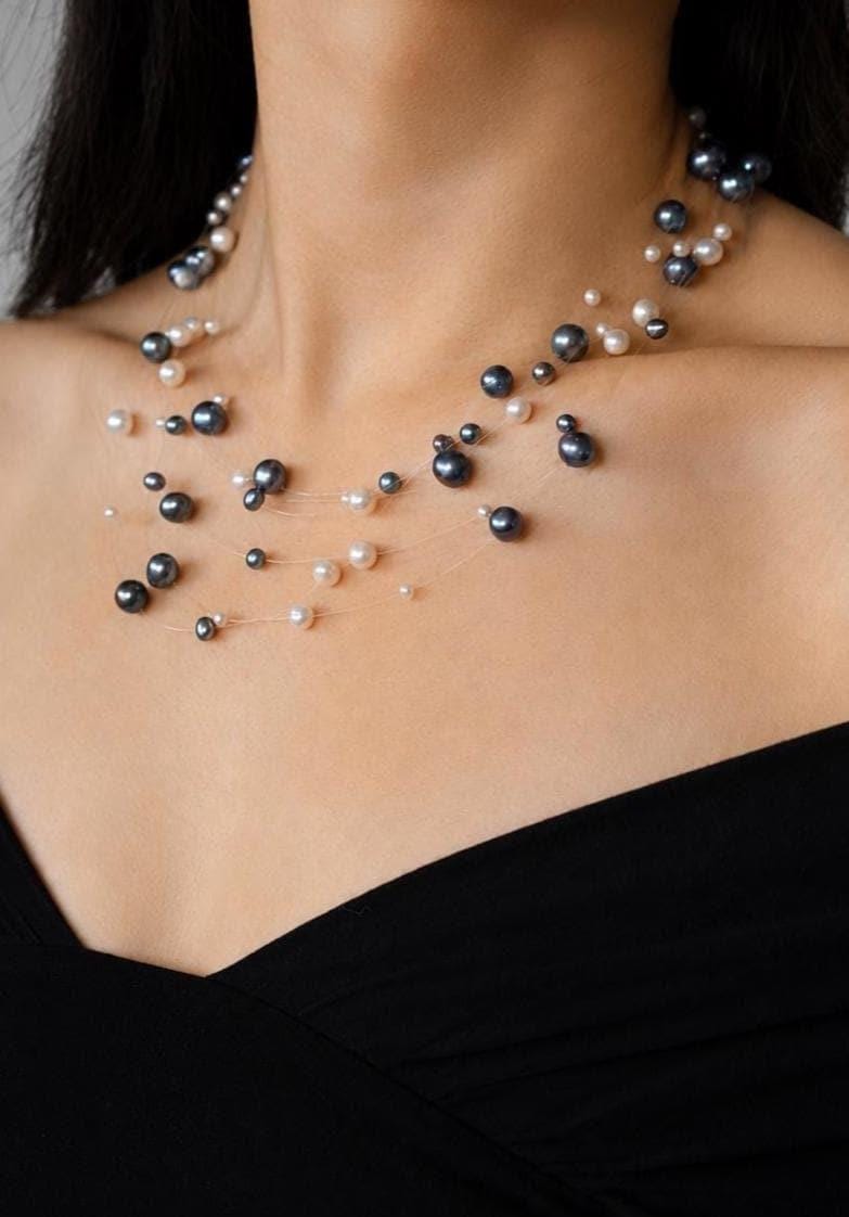 Floating Freshwater Pearl Necklace, Multi-Strand Illusion Choker, Modern Wedding Jewellery for Brides