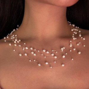 Floating Pearl Bridal Necklace, Multi-Layered Freshwater Pearl Necklace, Illusion Multi-Strand Pearl Choker, Wedding Jewellery Gift for Her